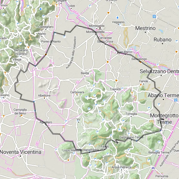 Miniatura della mappa di ispirazione al ciclismo "Giro in bicicletta da Montegrotto Terme a Saccolongo" nella regione di Veneto, Italy. Generata da Tarmacs.app, pianificatore di rotte ciclistiche