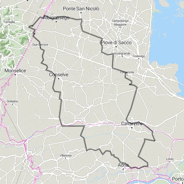 Zemljevid v pomanjšavi "Dolga krožna kolesarska pot v okolici Montegrotto Terme" kolesarske inspiracije v Veneto, Italy. Generirano z načrtovalcem kolesarskih poti Tarmacs.app