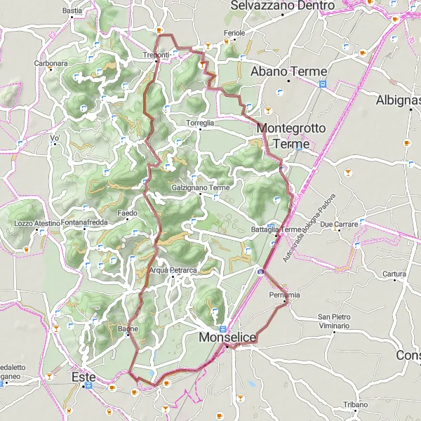 Miniatura della mappa di ispirazione al ciclismo "Giro in Gravel da Montemerlo a Monte Ortone" nella regione di Veneto, Italy. Generata da Tarmacs.app, pianificatore di rotte ciclistiche