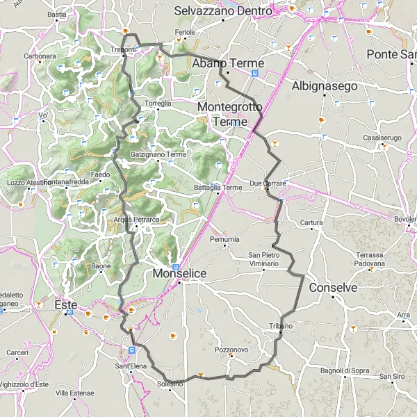 Kartminiatyr av "Opplev Montemerlo-veiene" sykkelinspirasjon i Veneto, Italy. Generert av Tarmacs.app sykkelrutoplanlegger