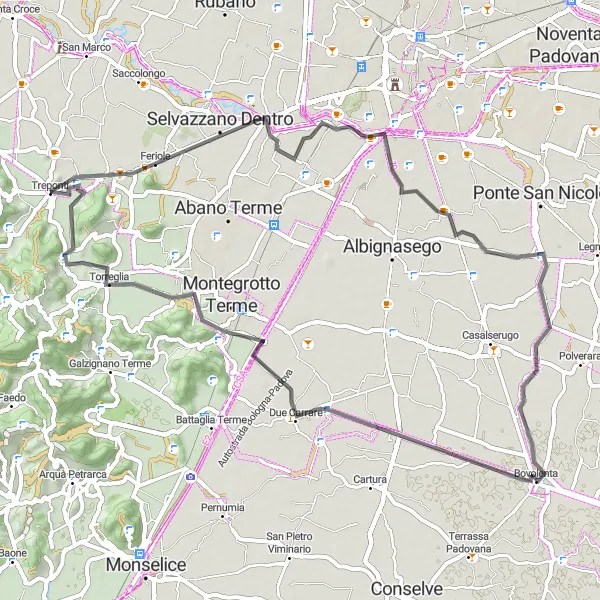 Miniatura della mappa di ispirazione al ciclismo "Montemerlo - Monte Solone" nella regione di Veneto, Italy. Generata da Tarmacs.app, pianificatore di rotte ciclistiche