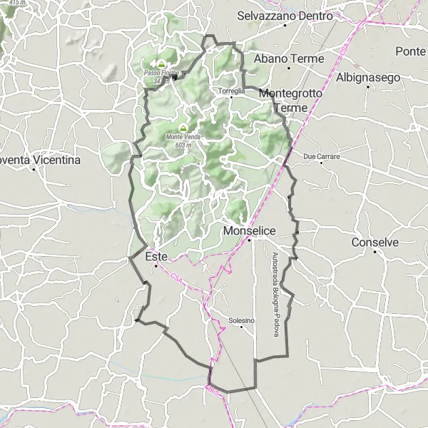 Map miniature of "Battaglia Terme Ridge" cycling inspiration in Veneto, Italy. Generated by Tarmacs.app cycling route planner