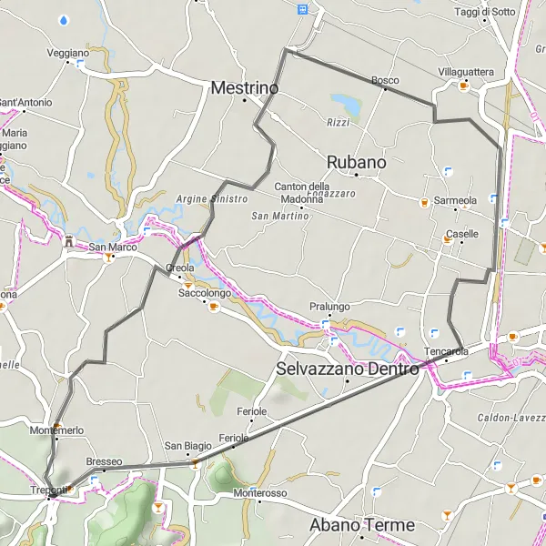 Miniatua del mapa de inspiración ciclista "Ruta a Monte Bello y Monte Rosso" en Veneto, Italy. Generado por Tarmacs.app planificador de rutas ciclistas