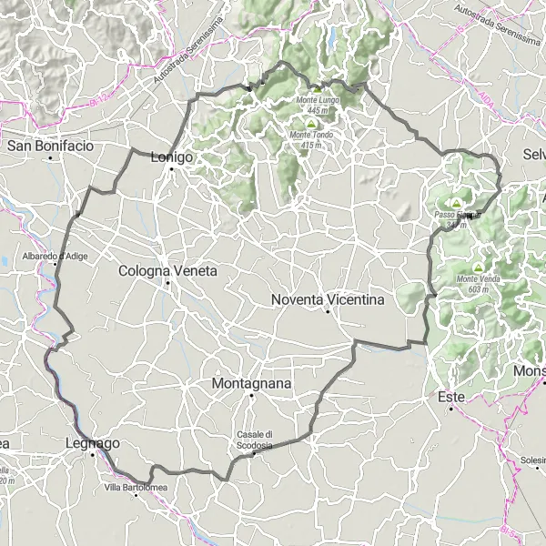 Kartminiatyr av "Panoramatur fra Montemerlo til Monte Merlo" sykkelinspirasjon i Veneto, Italy. Generert av Tarmacs.app sykkelrutoplanlegger