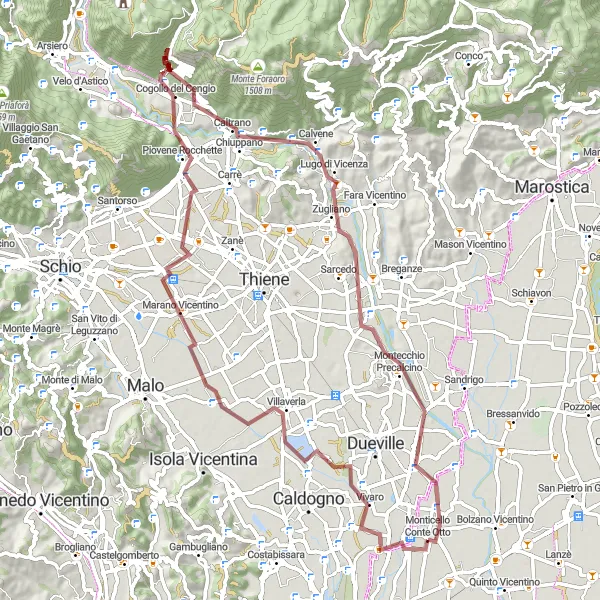 Map miniature of "Monticello Rocchette" cycling inspiration in Veneto, Italy. Generated by Tarmacs.app cycling route planner