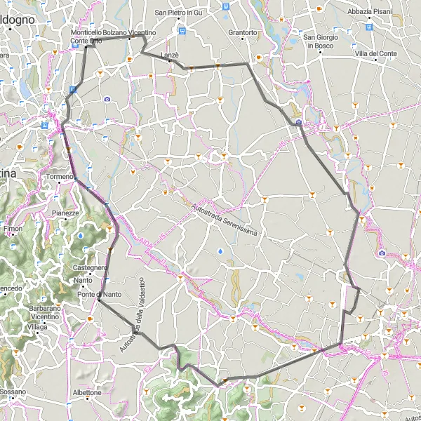 Kartminiatyr av "Historiske Spor og Naturskjønne Veier" sykkelinspirasjon i Veneto, Italy. Generert av Tarmacs.app sykkelrutoplanlegger
