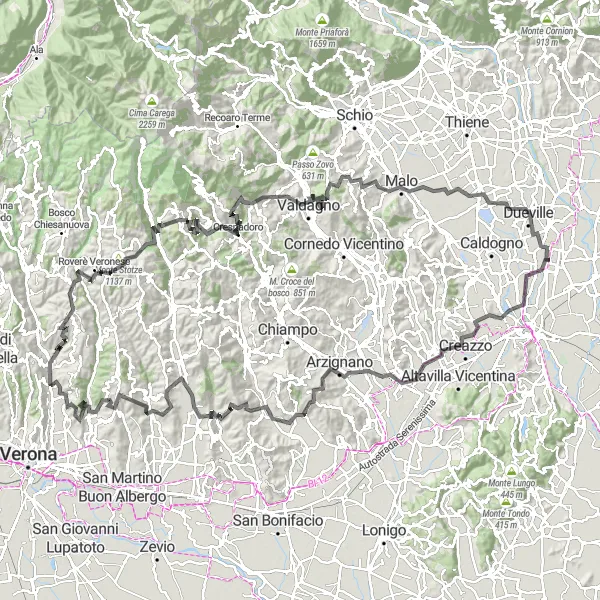 Miniatura della mappa di ispirazione al ciclismo "Monte Crocetta e Valdagno Epic Road Journey" nella regione di Veneto, Italy. Generata da Tarmacs.app, pianificatore di rotte ciclistiche