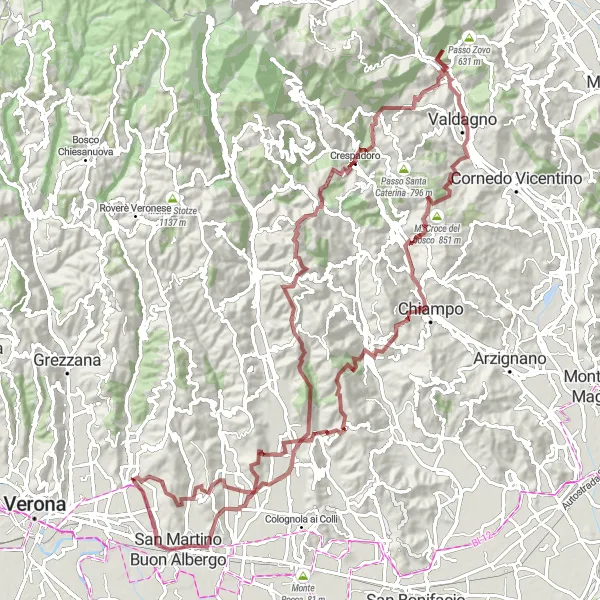 Miniatuurkaart van de fietsinspiratie "Avontuurlijke gravelrit door Montorio en Valdagno" in Veneto, Italy. Gemaakt door de Tarmacs.app fietsrouteplanner