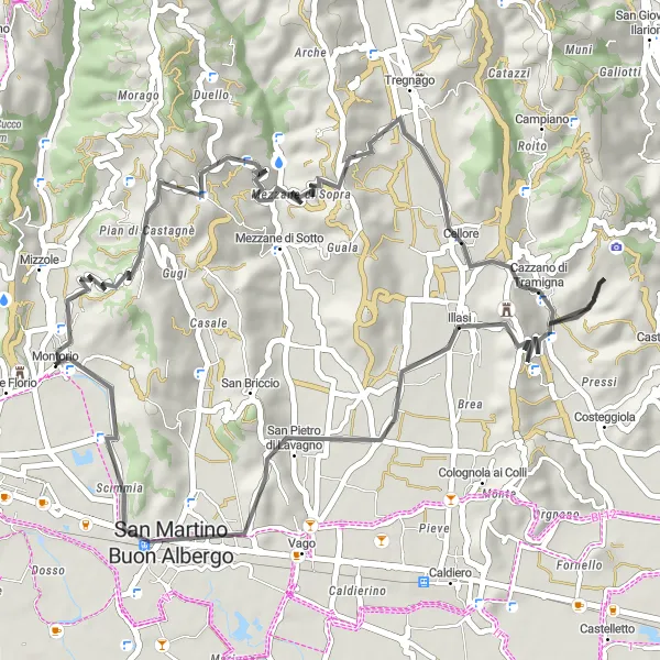 Zemljevid v pomanjšavi "Kolesarska pot okoli Montorija (Veneto, Italija)" kolesarske inspiracije v Veneto, Italy. Generirano z načrtovalcem kolesarskih poti Tarmacs.app