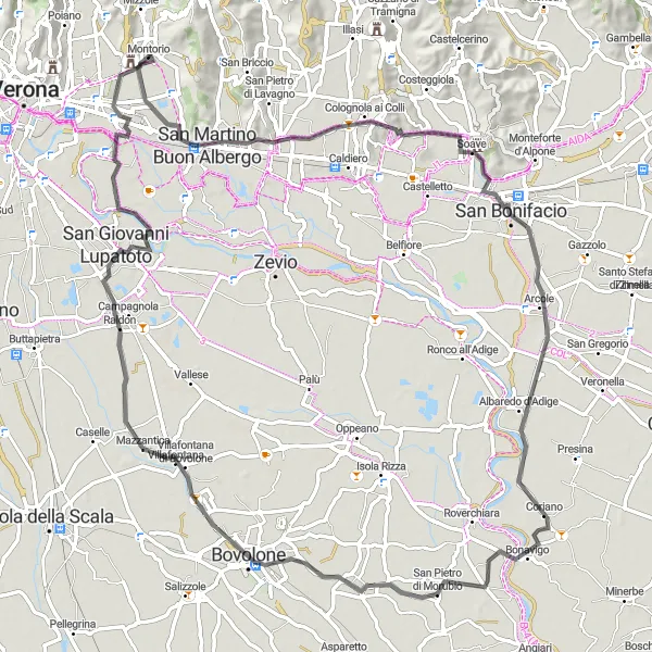 Zemljevid v pomanjšavi "Razburljiva kolesarska tura v bližini Montoria" kolesarske inspiracije v Veneto, Italy. Generirano z načrtovalcem kolesarskih poti Tarmacs.app