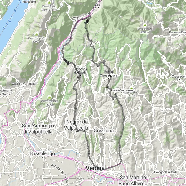 Zemljevid v pomanjšavi "Naporna a vznemirljiva kolesarska tura v bližini Montoria" kolesarske inspiracije v Veneto, Italy. Generirano z načrtovalcem kolesarskih poti Tarmacs.app