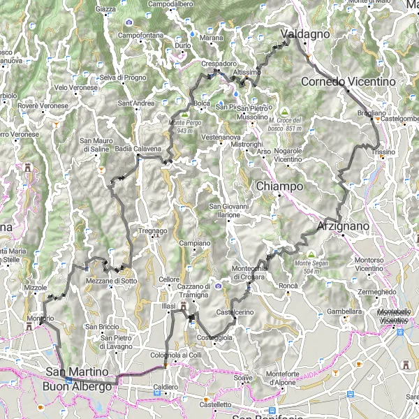 Miniature de la carte de l'inspiration cycliste "Montorio - Monte Bregonza Road Cycling Route" dans la Veneto, Italy. Générée par le planificateur d'itinéraire cycliste Tarmacs.app
