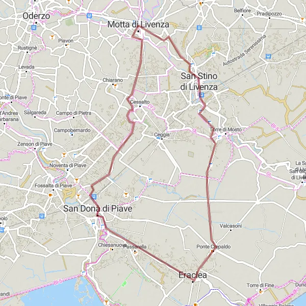 Miniatura mapy "Malownicza trasa gravelowa z Motta di Livenza do Cessalto" - trasy rowerowej w Veneto, Italy. Wygenerowane przez planer tras rowerowych Tarmacs.app