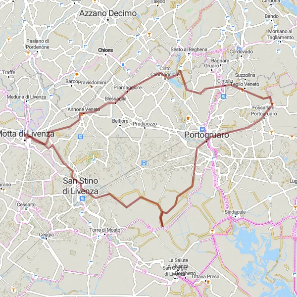 Mapa miniatúra "Gravelová cesta cez Pramaggiore a okolie" cyklistická inšpirácia v Veneto, Italy. Vygenerované cyklistickým plánovačom trás Tarmacs.app