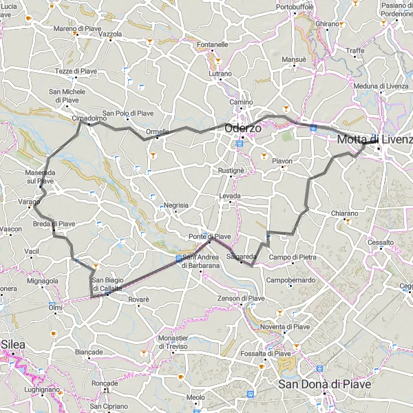 Miniatura della mappa di ispirazione al ciclismo "Giro in bicicletta tra Motta di Livenza e Gorgo al Monticano" nella regione di Veneto, Italy. Generata da Tarmacs.app, pianificatore di rotte ciclistiche