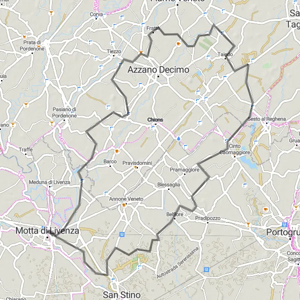 Kartminiatyr av "Landevei rundtur fra Motta di Livenza" sykkelinspirasjon i Veneto, Italy. Generert av Tarmacs.app sykkelrutoplanlegger