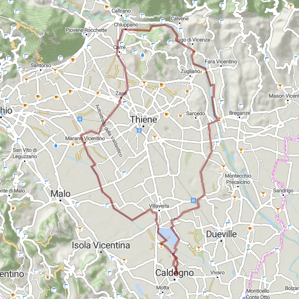 Miniatua del mapa de inspiración ciclista "Ruta de Grava Marano Vicentino - Villa Caldogno" en Veneto, Italy. Generado por Tarmacs.app planificador de rutas ciclistas