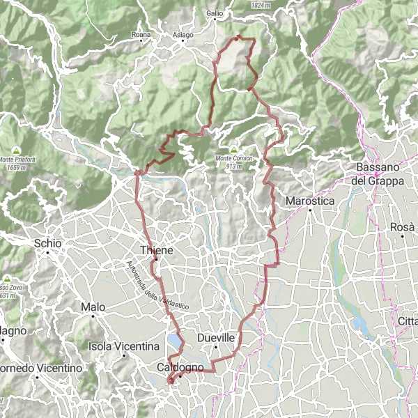 Mapa miniatúra "Gravel od Motty okolo Monte Alta" cyklistická inšpirácia v Veneto, Italy. Vygenerované cyklistickým plánovačom trás Tarmacs.app