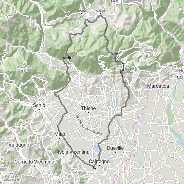 Zemljevid v pomanjšavi "Pot iz Motta: Monte Corno in Asiago" kolesarske inspiracije v Veneto, Italy. Generirano z načrtovalcem kolesarskih poti Tarmacs.app