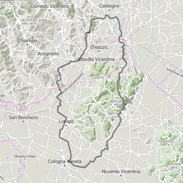 Zemljevid v pomanjšavi "100 km Dolga Cesta skozi Veneto" kolesarske inspiracije v Veneto, Italy. Generirano z načrtovalcem kolesarskih poti Tarmacs.app
