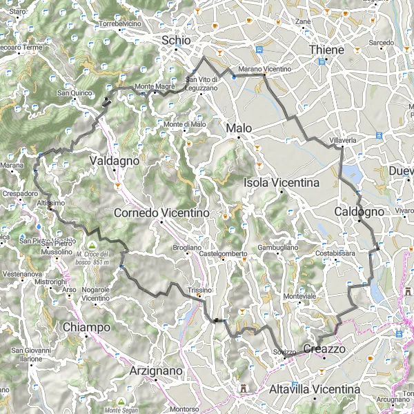 Mapa miniatúra "Cyklotrasa sovizzsquad" cyklistická inšpirácia v Veneto, Italy. Vygenerované cyklistickým plánovačom trás Tarmacs.app