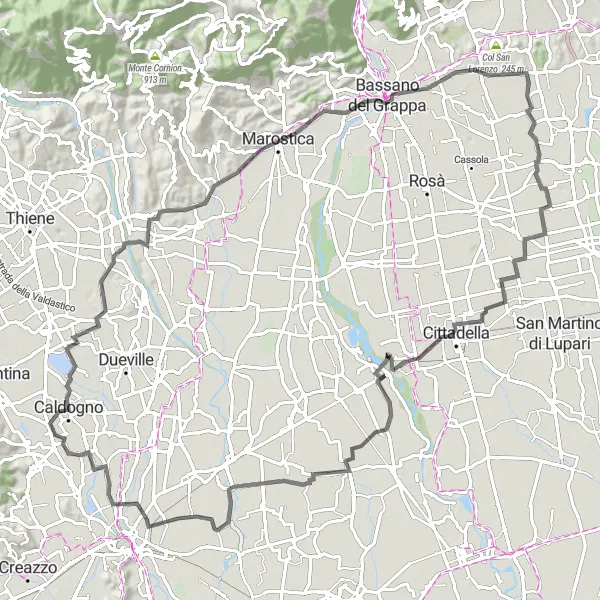 Kartminiatyr av "Panoramautsikt över Vicenza och Brentadolomiten" cykelinspiration i Veneto, Italy. Genererad av Tarmacs.app cykelruttplanerare