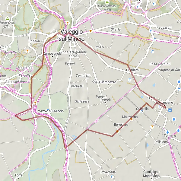 Miniatua del mapa de inspiración ciclista "Ruta de grava desde Mozzecane" en Veneto, Italy. Generado por Tarmacs.app planificador de rutas ciclistas