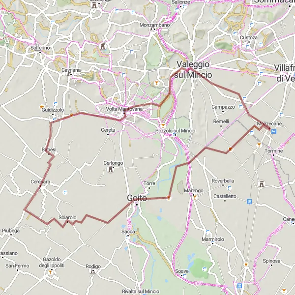 Miniaturní mapa "Gravelová trasa okolo Mozzecane" inspirace pro cyklisty v oblasti Veneto, Italy. Vytvořeno pomocí plánovače tras Tarmacs.app