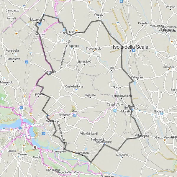 Miniatua del mapa de inspiración ciclista "Ruta en carretera desde Mozzecane" en Veneto, Italy. Generado por Tarmacs.app planificador de rutas ciclistas