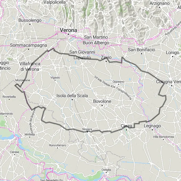 Miniaturní mapa "Cyklistická trasa kolem Verony a okolí" inspirace pro cyklisty v oblasti Veneto, Italy. Vytvořeno pomocí plánovače tras Tarmacs.app