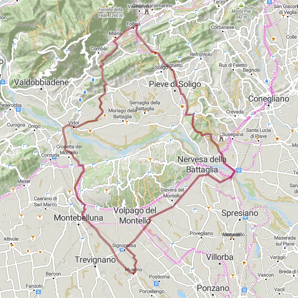 Miniatuurkaart van de fietsinspiratie "Gravelavontuur van Musano naar Signoressa" in Veneto, Italy. Gemaakt door de Tarmacs.app fietsrouteplanner
