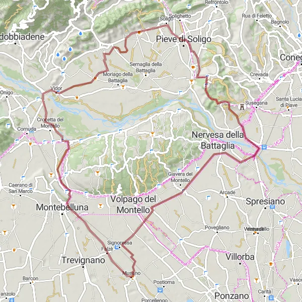 Map miniature of "Montello and Montebelluna Gravel Escape" cycling inspiration in Veneto, Italy. Generated by Tarmacs.app cycling route planner