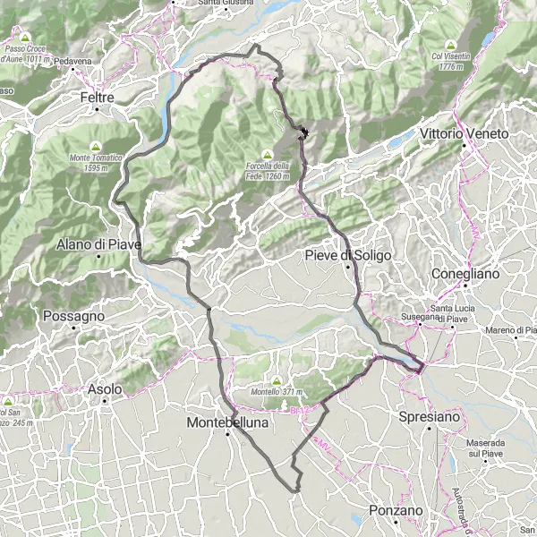 Karttaminiaatyyri "Road-reitti Musanosta Selva del Montelloon" pyöräilyinspiraatiosta alueella Veneto, Italy. Luotu Tarmacs.app pyöräilyreittisuunnittelijalla