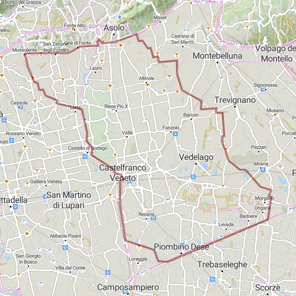 Miniatura della mappa di ispirazione al ciclismo "Circuiti panoramici tra Monte Gallo e Castelfranco Veneto" nella regione di Veneto, Italy. Generata da Tarmacs.app, pianificatore di rotte ciclistiche