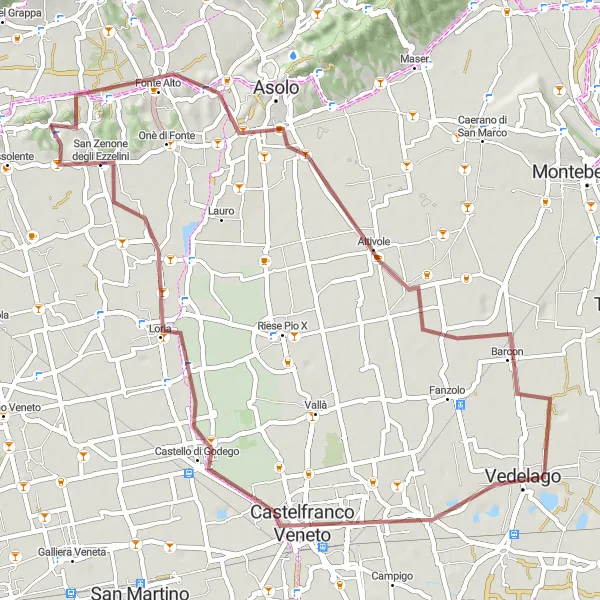 Miniatuurkaart van de fietsinspiratie "Gravelroute rond Mussolente via Collalto en Castelfranco Veneto" in Veneto, Italy. Gemaakt door de Tarmacs.app fietsrouteplanner