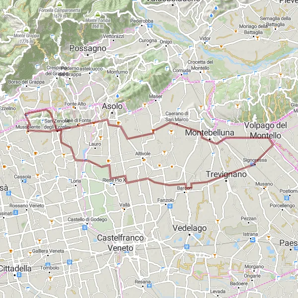 Miniatuurkaart van de fietsinspiratie "Grindpaden rond Monte Gallo en Volpago del Montello" in Veneto, Italy. Gemaakt door de Tarmacs.app fietsrouteplanner