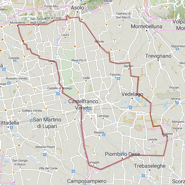 Zemljevid v pomanjšavi "Pitoreskna kolesarska avantura v naravi" kolesarske inspiracije v Veneto, Italy. Generirano z načrtovalcem kolesarskih poti Tarmacs.app