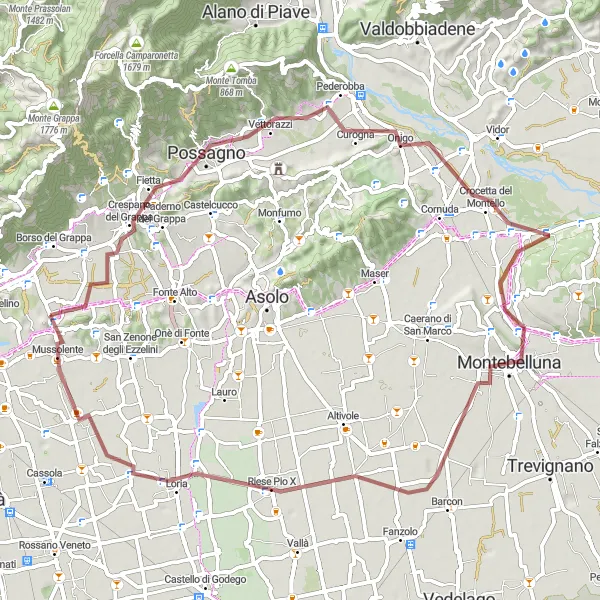 Miniature de la carte de l'inspiration cycliste "Tour de Montello et des Collines Venitiennes" dans la Veneto, Italy. Générée par le planificateur d'itinéraire cycliste Tarmacs.app