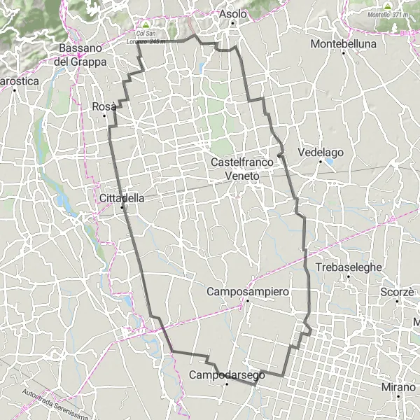 Mapa miniatúra "Cyklistická trasa Mussolente a Belvedere" cyklistická inšpirácia v Veneto, Italy. Vygenerované cyklistickým plánovačom trás Tarmacs.app