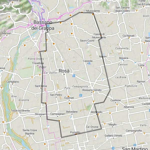 Miniatura della mappa di ispirazione al ciclismo "Giro in Bicicletta da Mussolente a Bassano del Grappa" nella regione di Veneto, Italy. Generata da Tarmacs.app, pianificatore di rotte ciclistiche