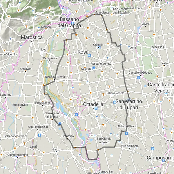 Map miniature of "Mussolente - Monte Gallo - Mussolente" cycling inspiration in Veneto, Italy. Generated by Tarmacs.app cycling route planner