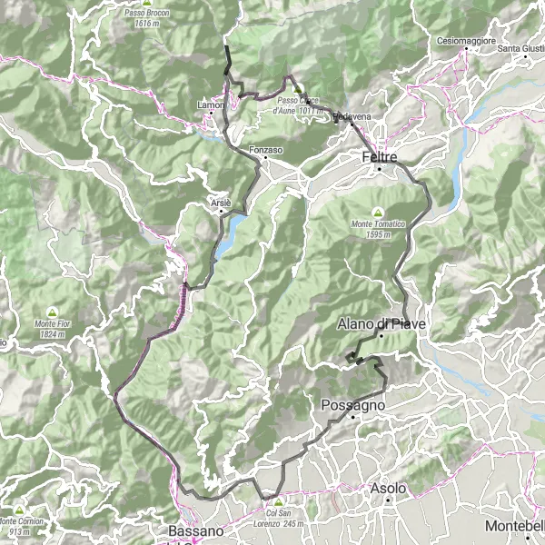 Miniature de la carte de l'inspiration cycliste "Circuit des Montagnes de Mussolente" dans la Veneto, Italy. Générée par le planificateur d'itinéraire cycliste Tarmacs.app
