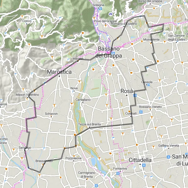 Miniatura della mappa di ispirazione al ciclismo "Tra storia e natura in provincia di Vicenza" nella regione di Veneto, Italy. Generata da Tarmacs.app, pianificatore di rotte ciclistiche