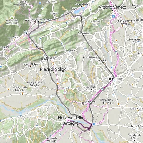 Miniaturní mapa "Okruh přes Barbisano, Cison di Valmarino a Susegana" inspirace pro cyklisty v oblasti Veneto, Italy. Vytvořeno pomocí plánovače tras Tarmacs.app