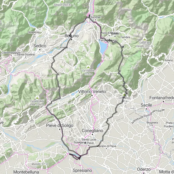 Miniature de la carte de l'inspiration cycliste "Les sommets et cols du Veneto" dans la Veneto, Italy. Générée par le planificateur d'itinéraire cycliste Tarmacs.app