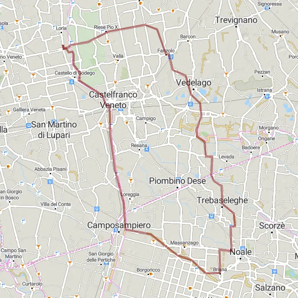 Map miniature of "Loreggia and Castelfranco Veneto Gravel Adventure" cycling inspiration in Veneto, Italy. Generated by Tarmacs.app cycling route planner