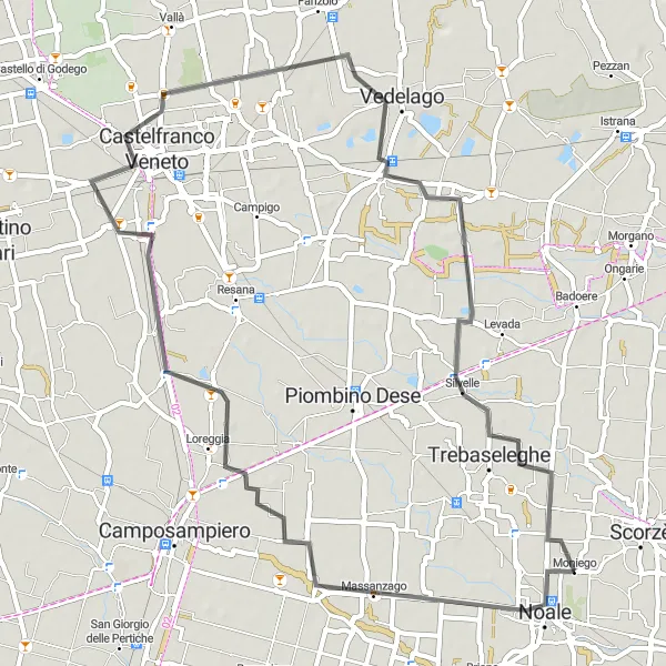 Kartminiatyr av "Veikjøring fra Noale til Trebaseleghe" sykkelinspirasjon i Veneto, Italy. Generert av Tarmacs.app sykkelrutoplanlegger