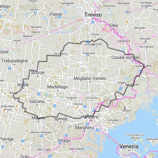 Zemljevid v pomanjšavi "Noale - Mestre - Scorzè" kolesarske inspiracije v Veneto, Italy. Generirano z načrtovalcem kolesarskih poti Tarmacs.app