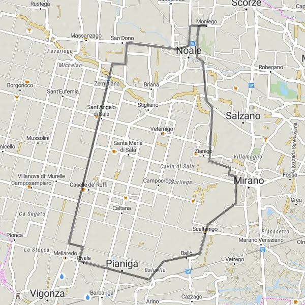 Kartminiatyr av "Mirano till Noale Vägcykling" cykelinspiration i Veneto, Italy. Genererad av Tarmacs.app cykelruttplanerare