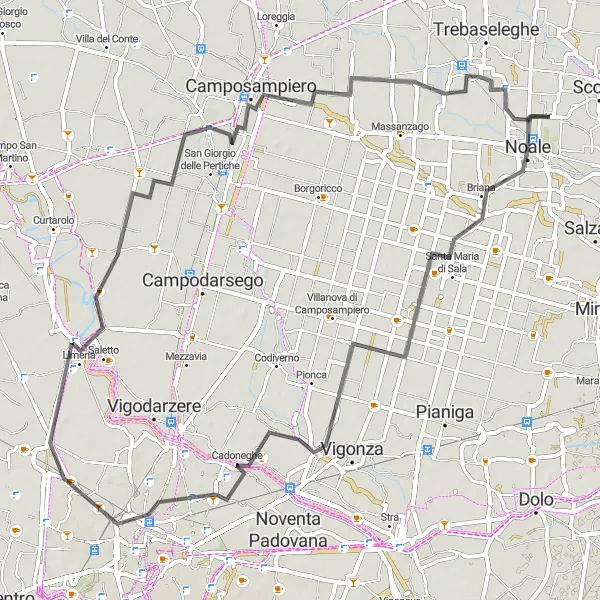 Miniatura della mappa di ispirazione al ciclismo "Tour in bicicletta da Noale a Moniego" nella regione di Veneto, Italy. Generata da Tarmacs.app, pianificatore di rotte ciclistiche